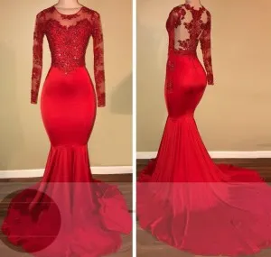 long sleeve beaded red lace spandex prom dress