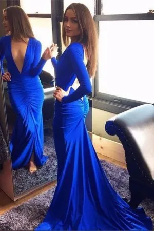 pleated royal blue open back mermaid prom dress