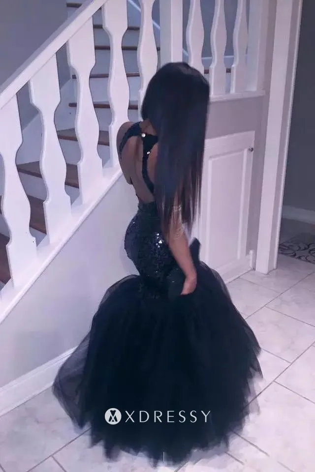 open back black sequin tulle trumpet formal dress