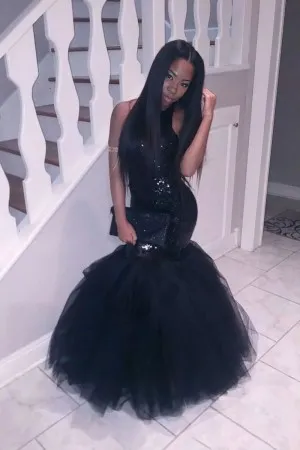 sparkly black sequin tulle trumpet formal dress