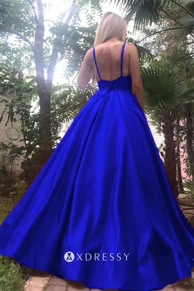 low back royal blue satin puffy A line prom dress low back royal blue satin puffy A line prom dress