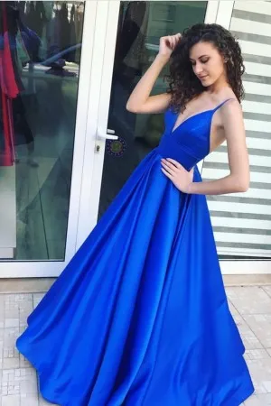 simple royal blue satin puffy A line prom dress