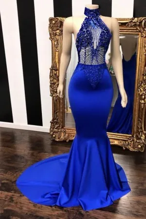 illusion beading royal blue satin mermaid prom gown