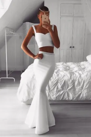 beaded straps white spandex two piece formal dress