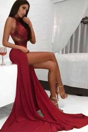 high neck scarlet red double slits long prom dress