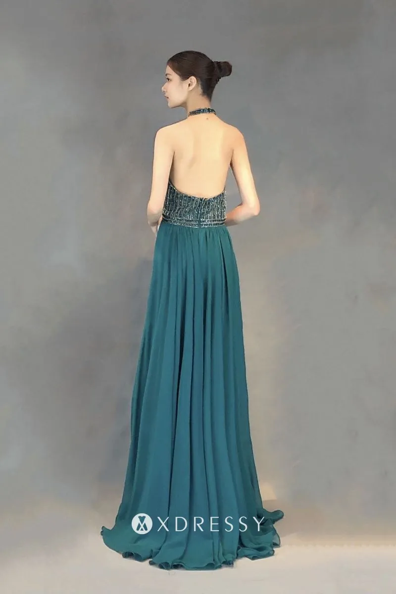 backless beading teal chiffon A line formal gown backless beading teal chiffon A line formal gown