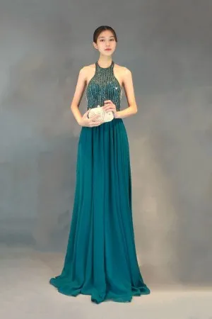 halter neck beading teal chiffon A line formal gown