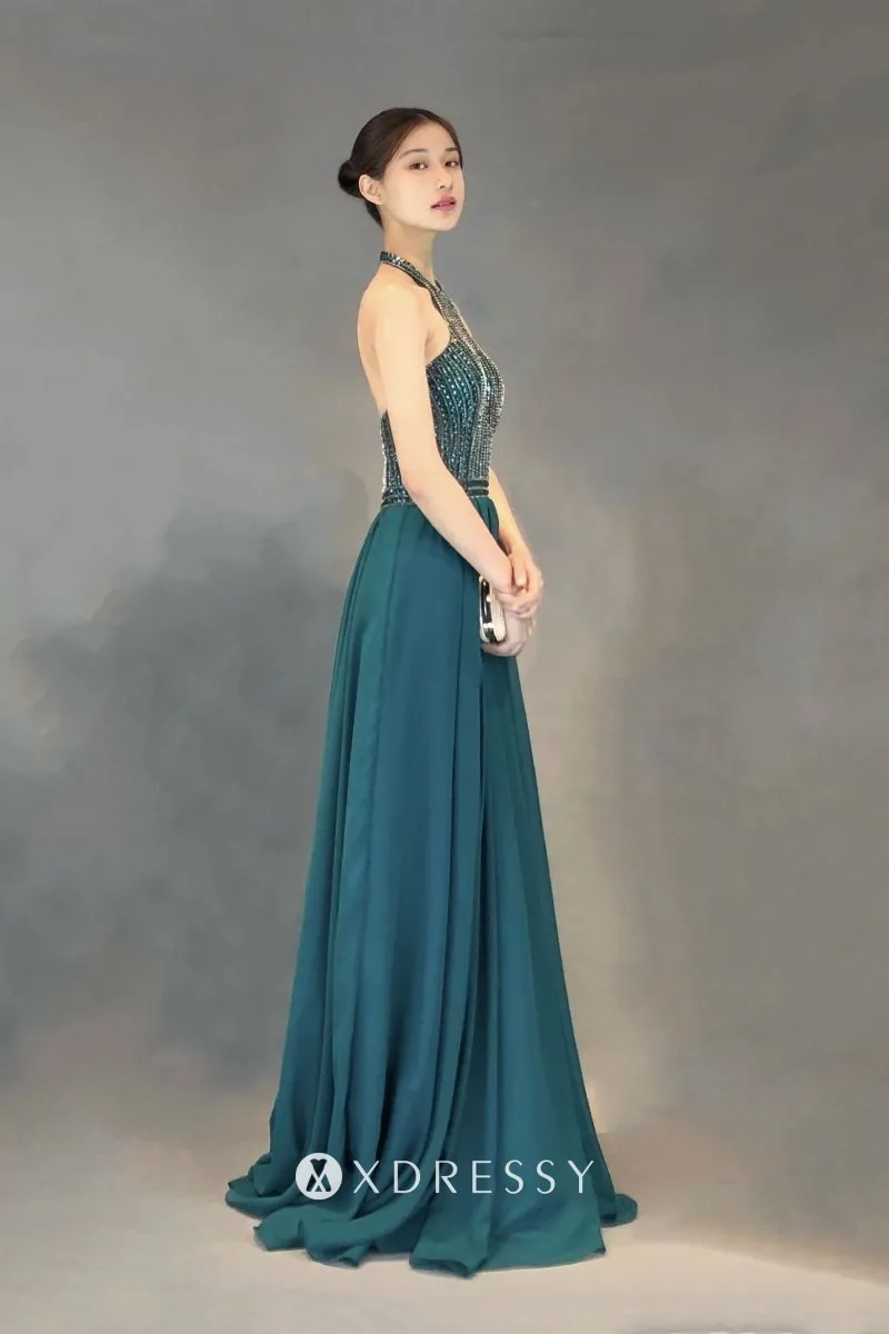 sleeveless beading teal chiffon A line formal gown sleeveless beading teal chiffon A line formal gown