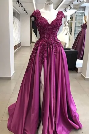 cap sleeve lace appliqued magenta satin prom dress