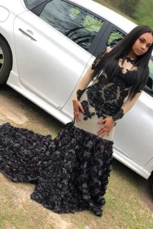 black lace champagne tulle 3D rose long prom dress