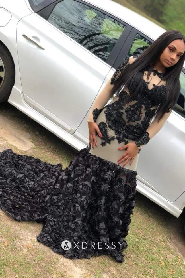 black lace champagne tulle 3D rose long prom dress