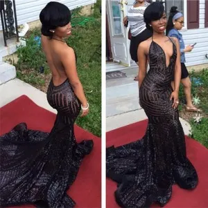 backless plunging V neck black sequin prom dress