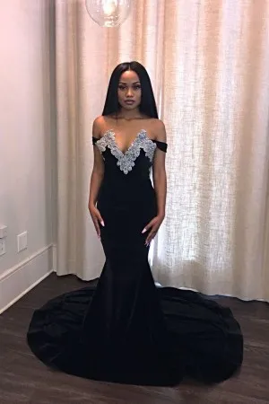 silver lace V neck off shoulder black prom dress