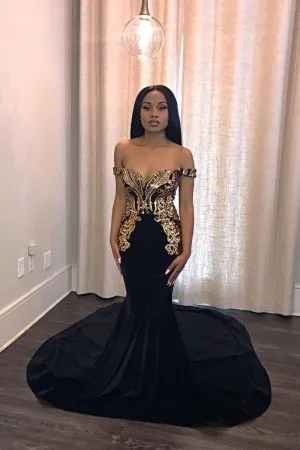 off shoulder gold sequin black velvet mermaid prom dress