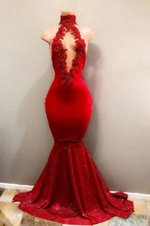 red floral high neck plunging trumpet prom dress