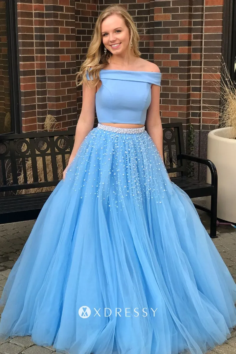 Two-piece Pearls Embellished Sky Blue 