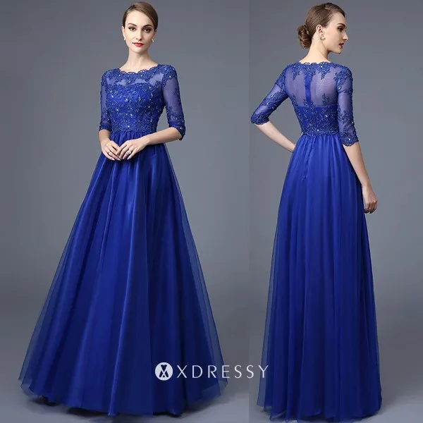 half sleeve beaded cobalt blue prom dress