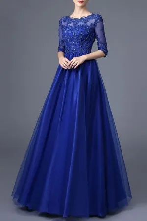 jewel neck half sleeve beaded cobalt blue prom dress
