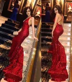 red sequin backless mermaid long train prom dress