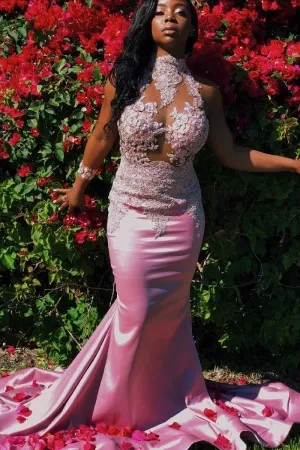 high neck rose pink illusion mermaid prom dress