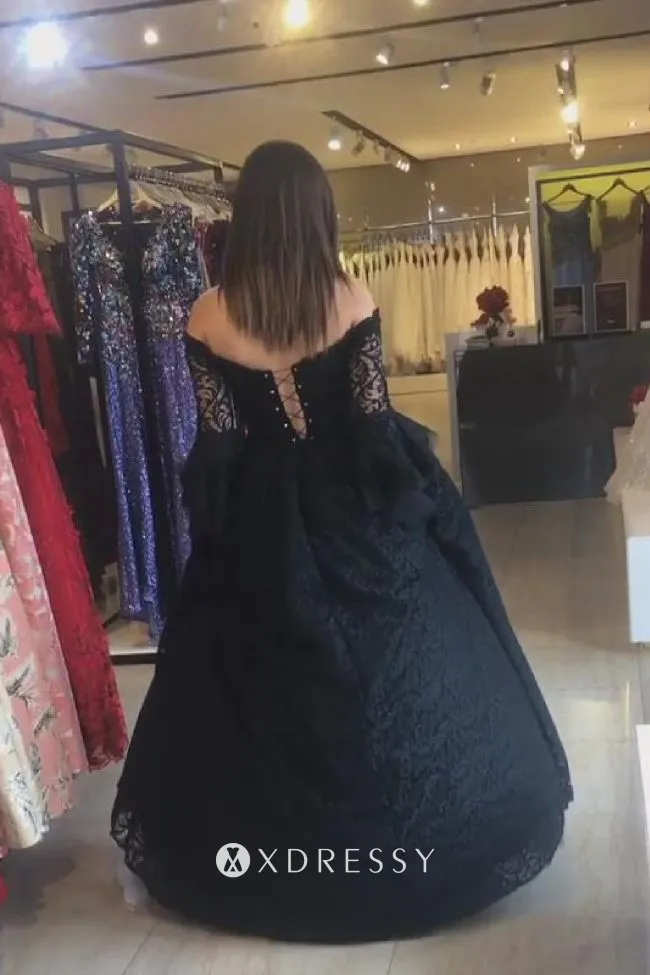 Black Lace Off-shoulder Sleeved Formal Ball Gown - Xdressy