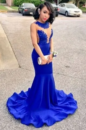 illusion lace satin sleeveless royal blue prom