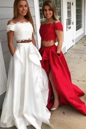 beaded off shoulder two piece ruffled prom dress