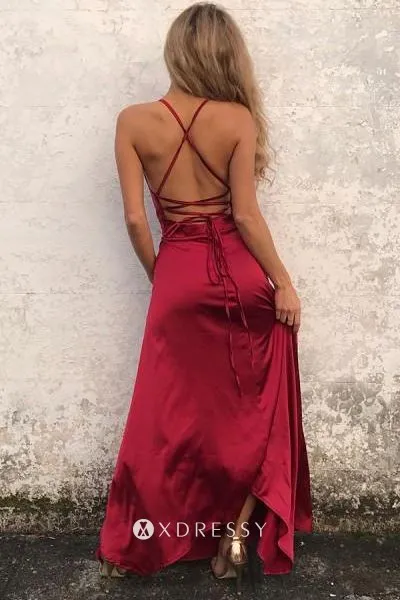 strappy back slit ruby satin A line long prom dress