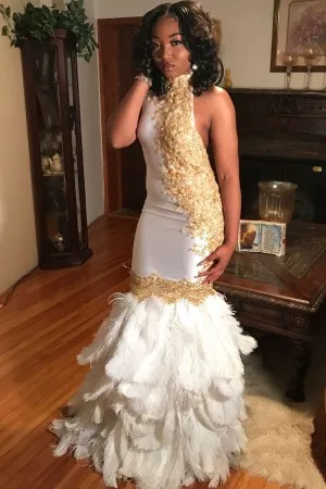 gold lace high neck feather body hugging prom gown