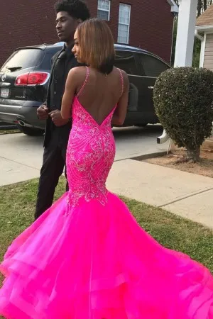 beaded fuchsia tulle low back mermaid prom dress