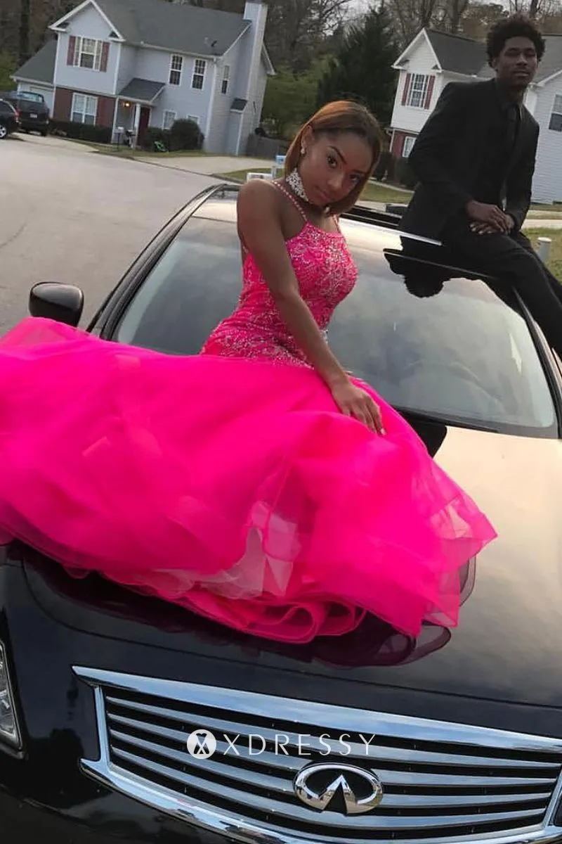sparkly beaded fuchsia tulle mermaid prom dress