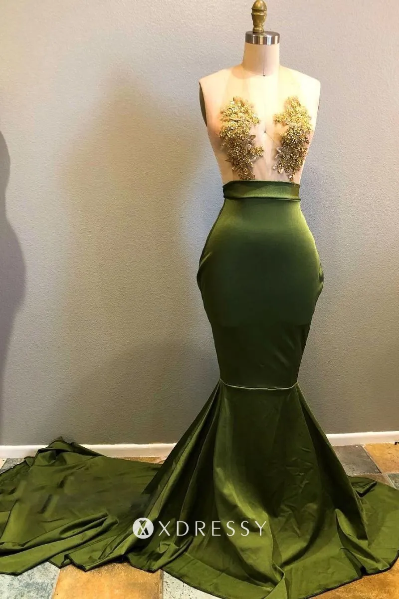 sheer beaded bodice olive satin trumpet prom dress sheer beaded bodice olive satin trumpet prom dress