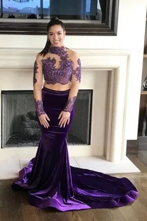 beaded lace purple illusion long sleeve prom dress