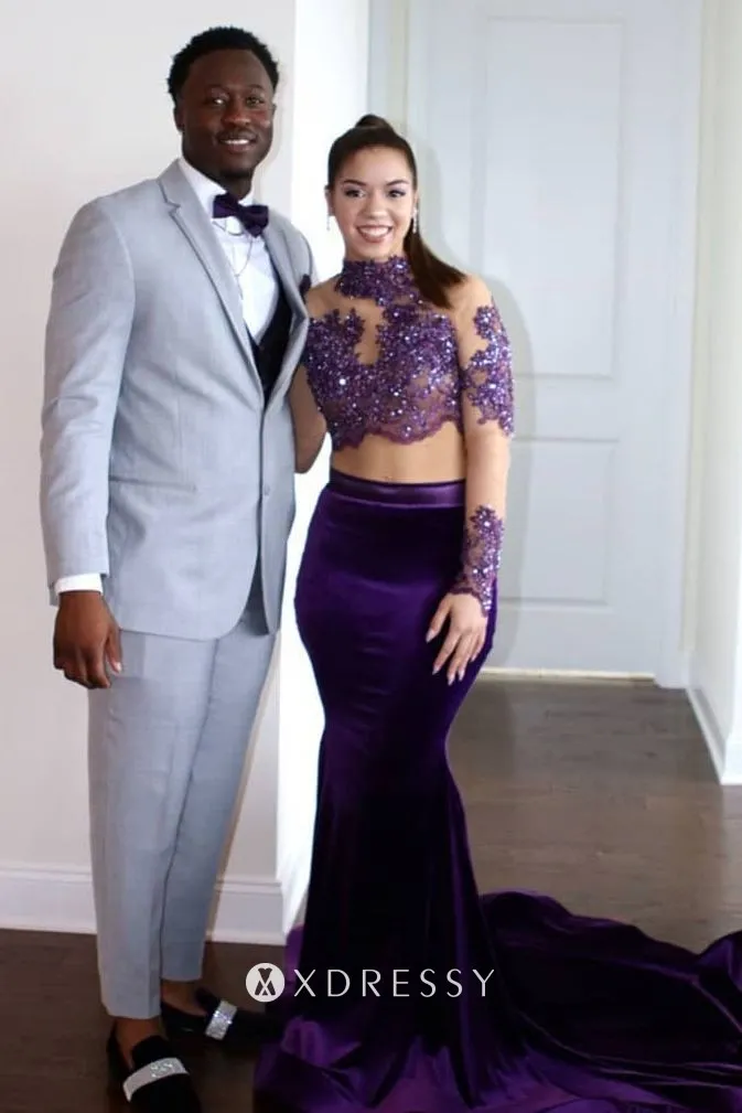 illusion long sleeve beaded lace purple prom dress illusion long sleeve beaded lace purple prom dress