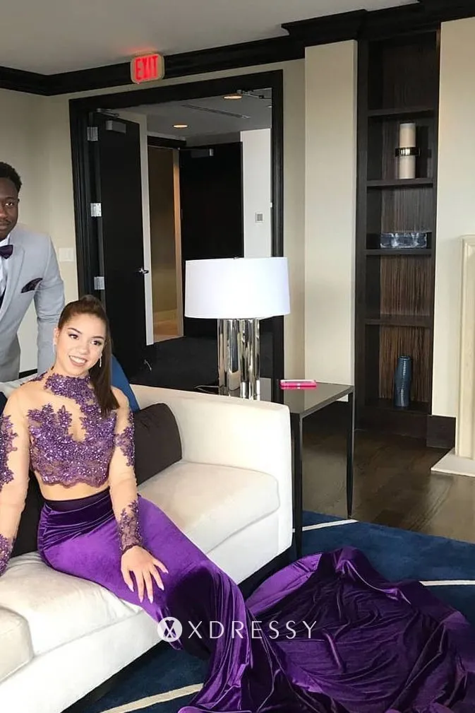 lace appliqued purple illusion long sleeve prom dress lace appliqued purple illusion long sleeve prom dress