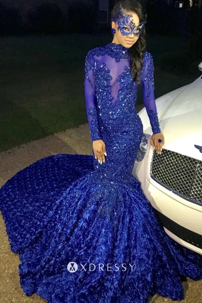 Beaded Lace 3D Rose Blue Prom Gown with Long Train - Xdressy