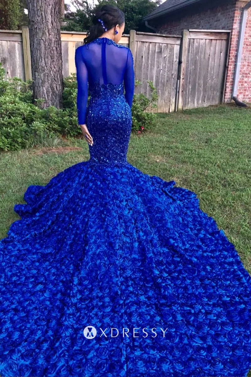 Beaded Lace 3D Rose Blue Prom Gown with Long Train - Xdressy