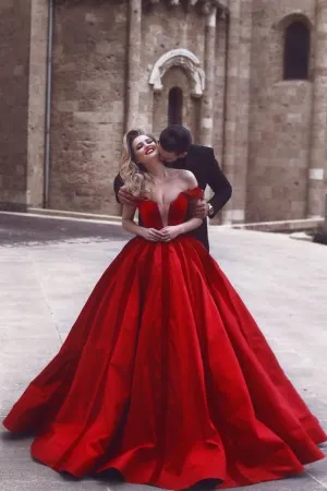 off the shoulder plunging neck red engagement ballgown