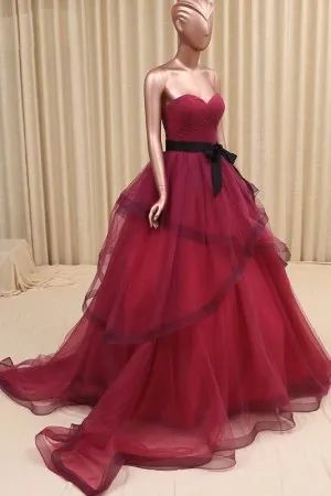 wine red tulle strapless sweetheart prom ball gown with belt