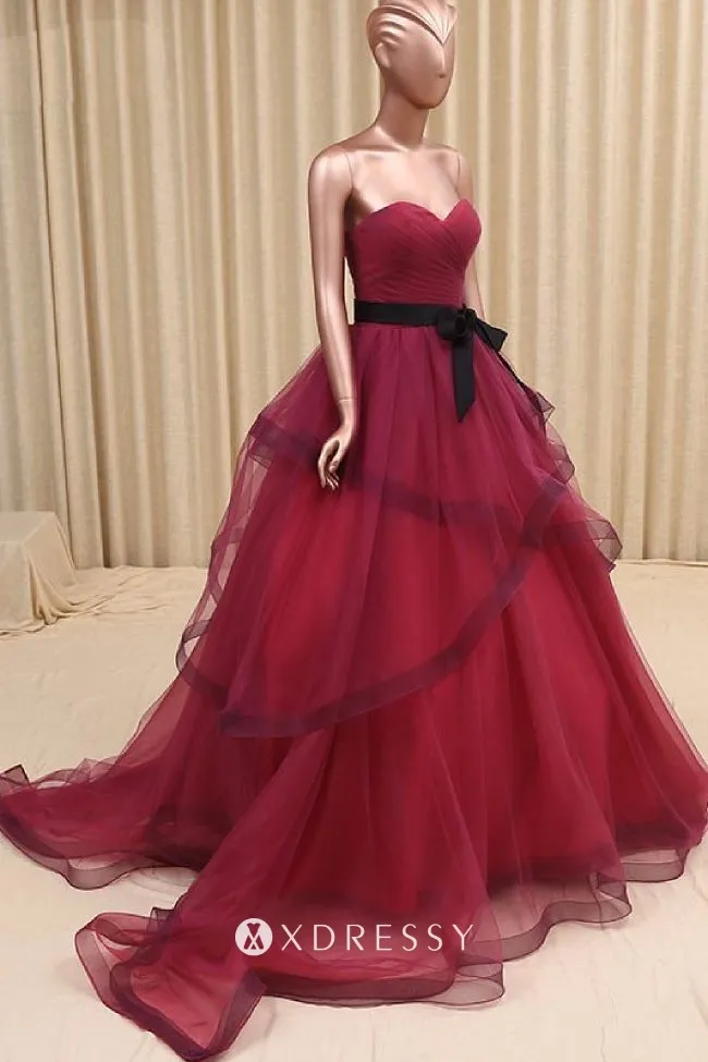 wine red tulle strapless sweetheart prom ball gown with belt wine red tulle strapless sweetheart prom ball gown with belt