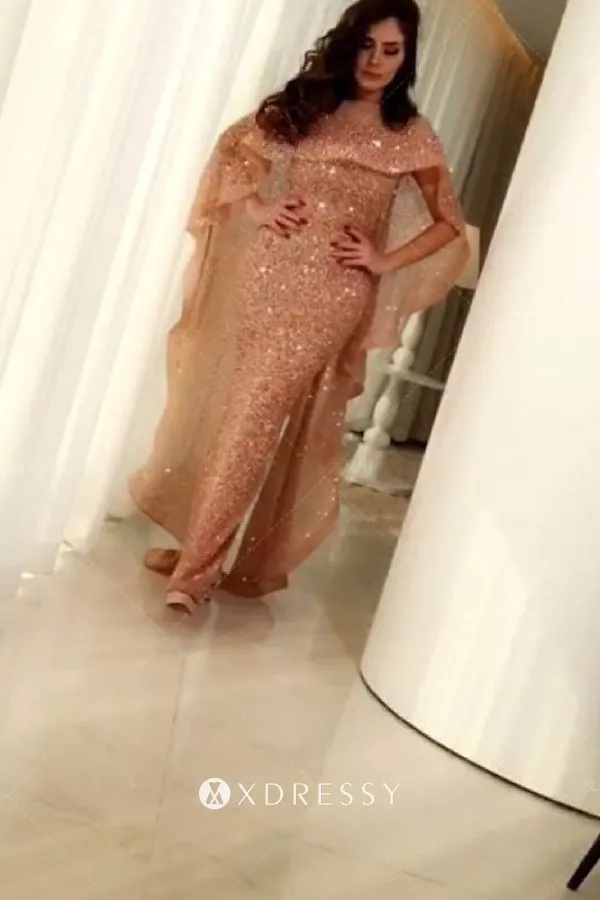 glitter slim mermaid ruffled cape prom dress