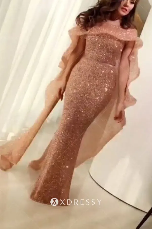 ruffled cape nude glitter slim mermaid prom dress