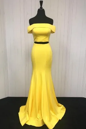 off shoulder two piece yellow mermaid formal dress
