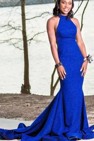 glitter royal blue sleeveless mermaid prom dress