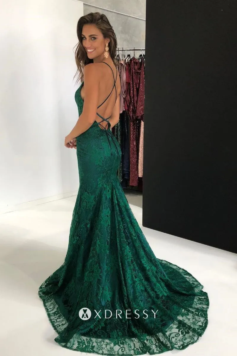 emerald lace V neck spaghetti strap mermaid prom gown emerald lace V neck spaghetti strap mermaid prom gown