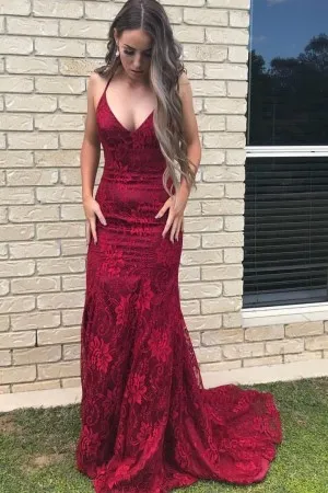 ruby lace V neck spaghetti strap mermaid prom gown