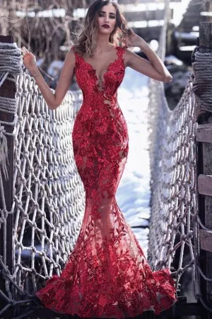 transparent red lace mermaid sexy prom dress