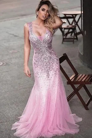luxury beaded candy pink tulle mermaid prom dress