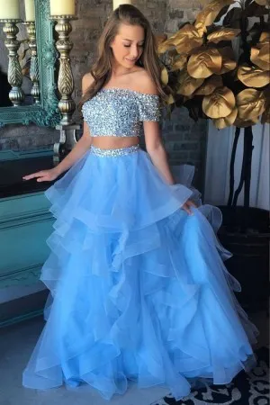 sparkly beading two piece blue tulle ball gown prom dress