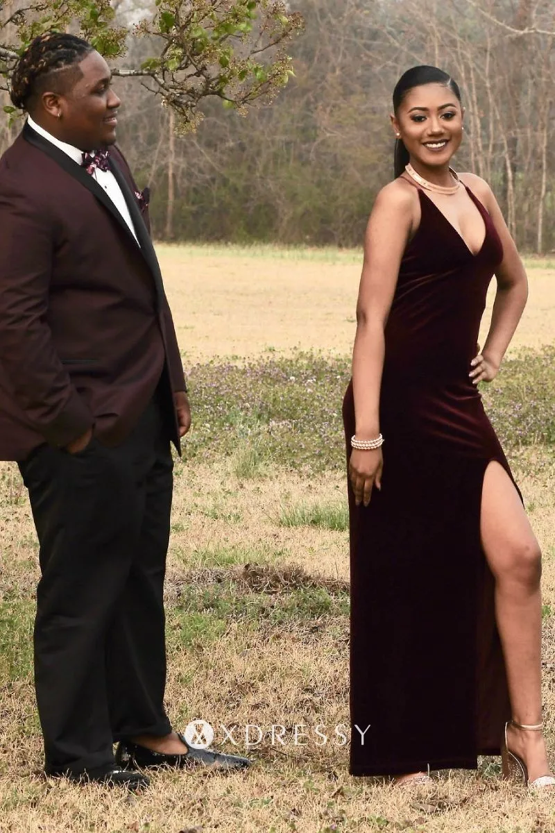 sleeveless spaghetti strap split burgundy velvet prom dress sleeveless spaghetti strap split burgundy velvet prom dress